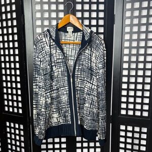 💙 Chico’s Geometric Navy & White Zip Hoodie Jacket Stretch Women’s Size 3 💙